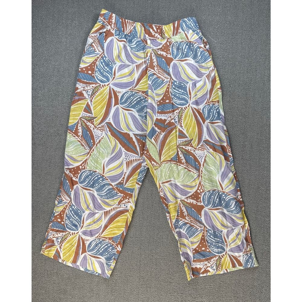C&C Linen Pants Tropical Leaf Print Pull On Coastal Beach Resortwear Size Large